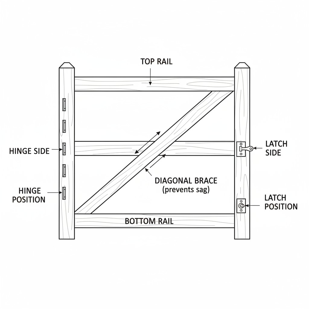 Diagram of a fence gate frame showing top rail, bottom rail, hinge side, latch side, and diagonal brace that prevents sagging