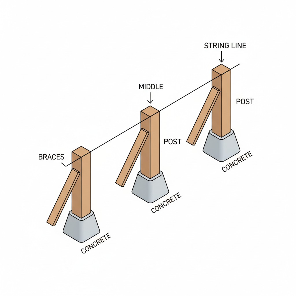 Diagram showing string line between braced corner posts for aligning intermediate fence posts