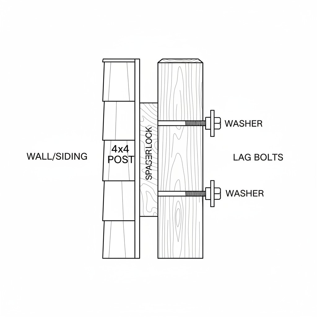Diagram showing how to lag-bolt a fence post to a house wall with spacer blocks