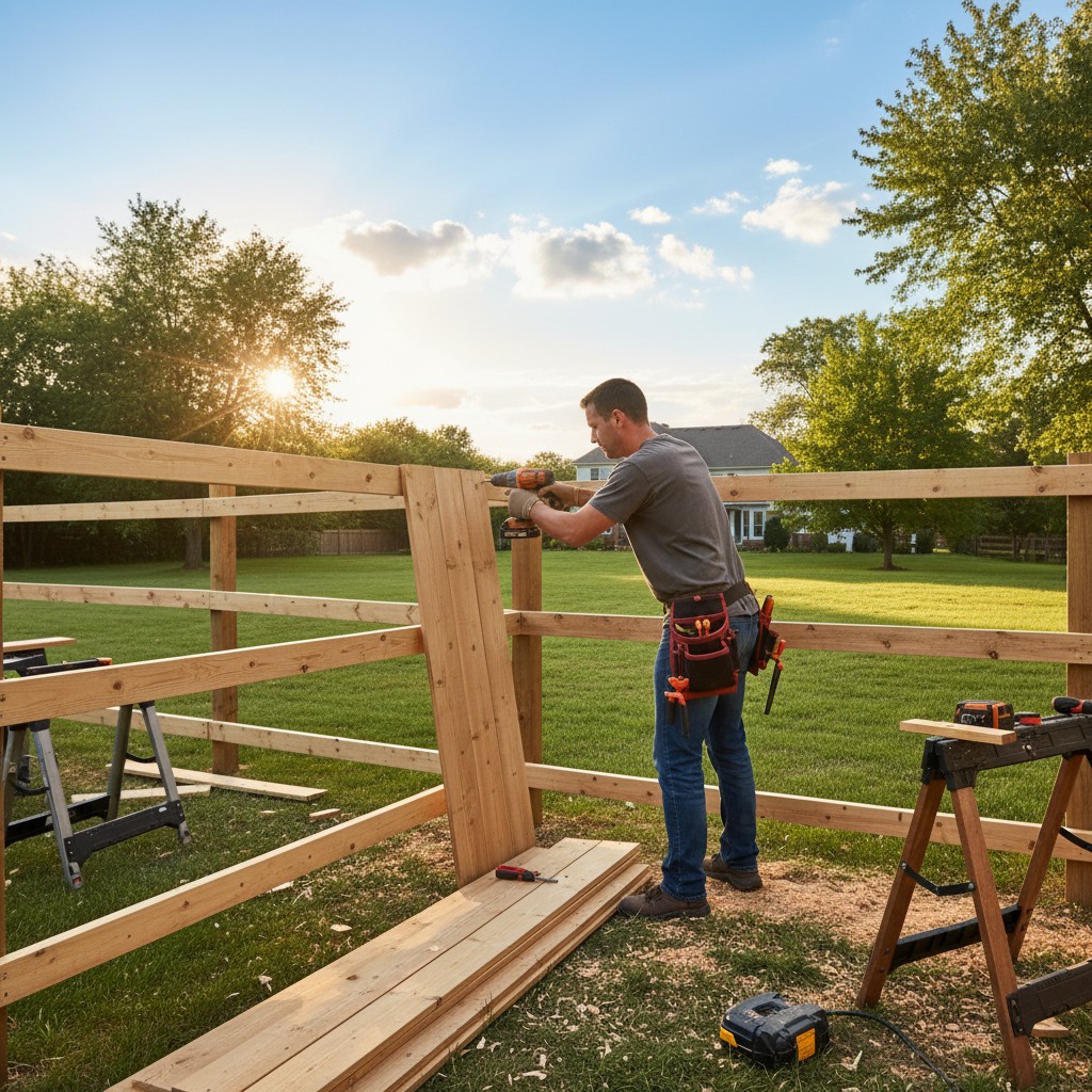 Homeowner using a level to set a fence post while building a wood fence