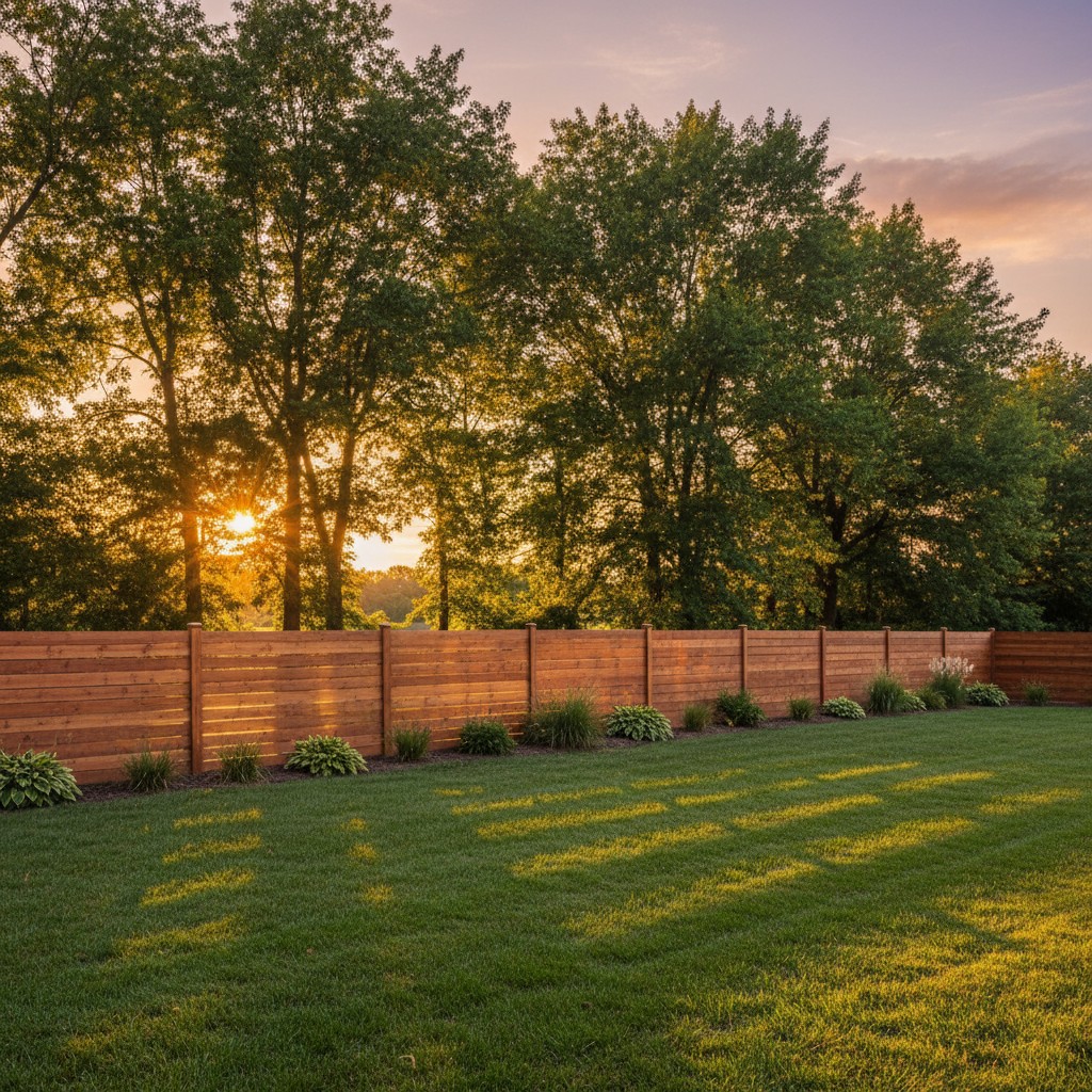 Beautiful cedar privacy fence in a backyard with green lawn