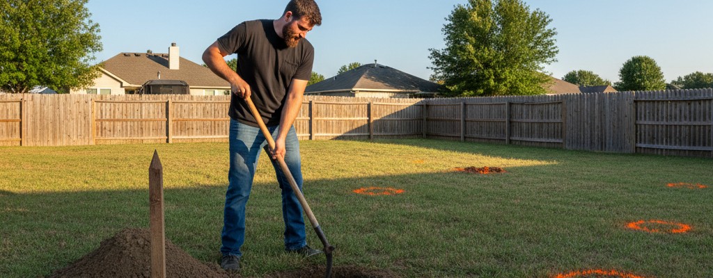 Close-up of a man using a manual post hole digger to dig a fence post hole next to a stake marker