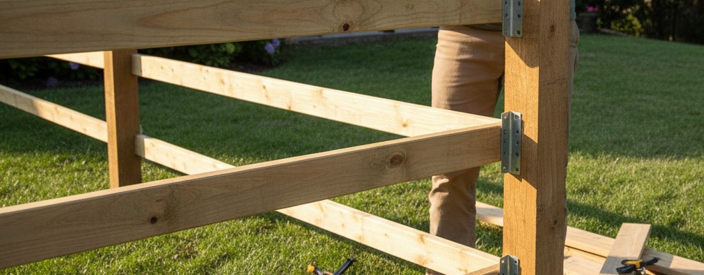 2x4 horizontal rails being attached to fence posts with a cordless drill and metal brackets