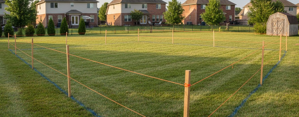 Wooden stakes and orange string lines marking a fence layout along a backyard property line