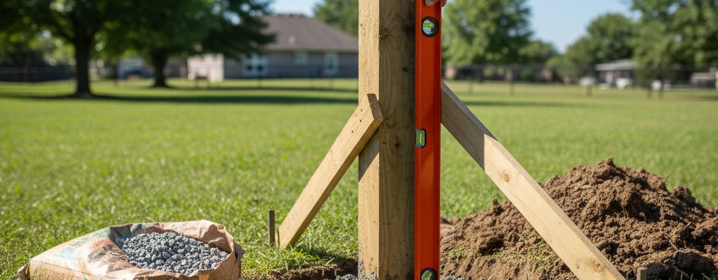 Person holding an orange level vertically against a fence post being set in concrete with gravel base