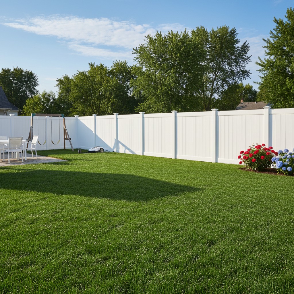 White vinyl privacy fence in a manicured suburban backyard