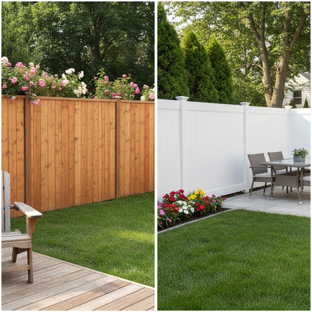 Side by side comparison of a wood privacy fence and a white vinyl fence